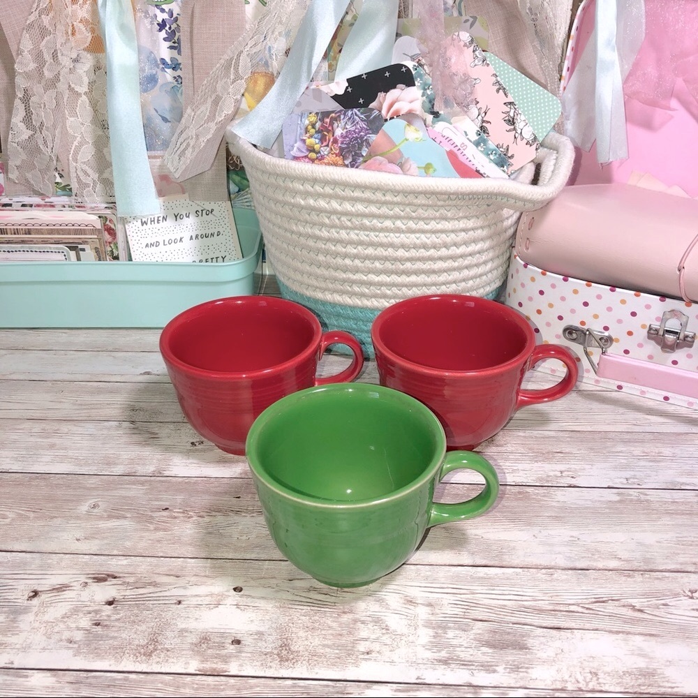 Fiesta Ware Red & Green Tea Cups Coffee Espresso Mugs Homer Laughlin Lot Of 3